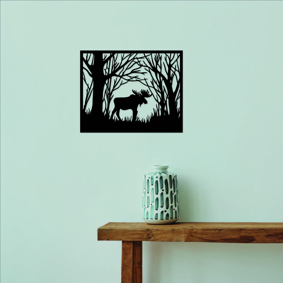 tableau en bois | tableau noir | décoration murale | nature |caribou | cerf | sapin noir