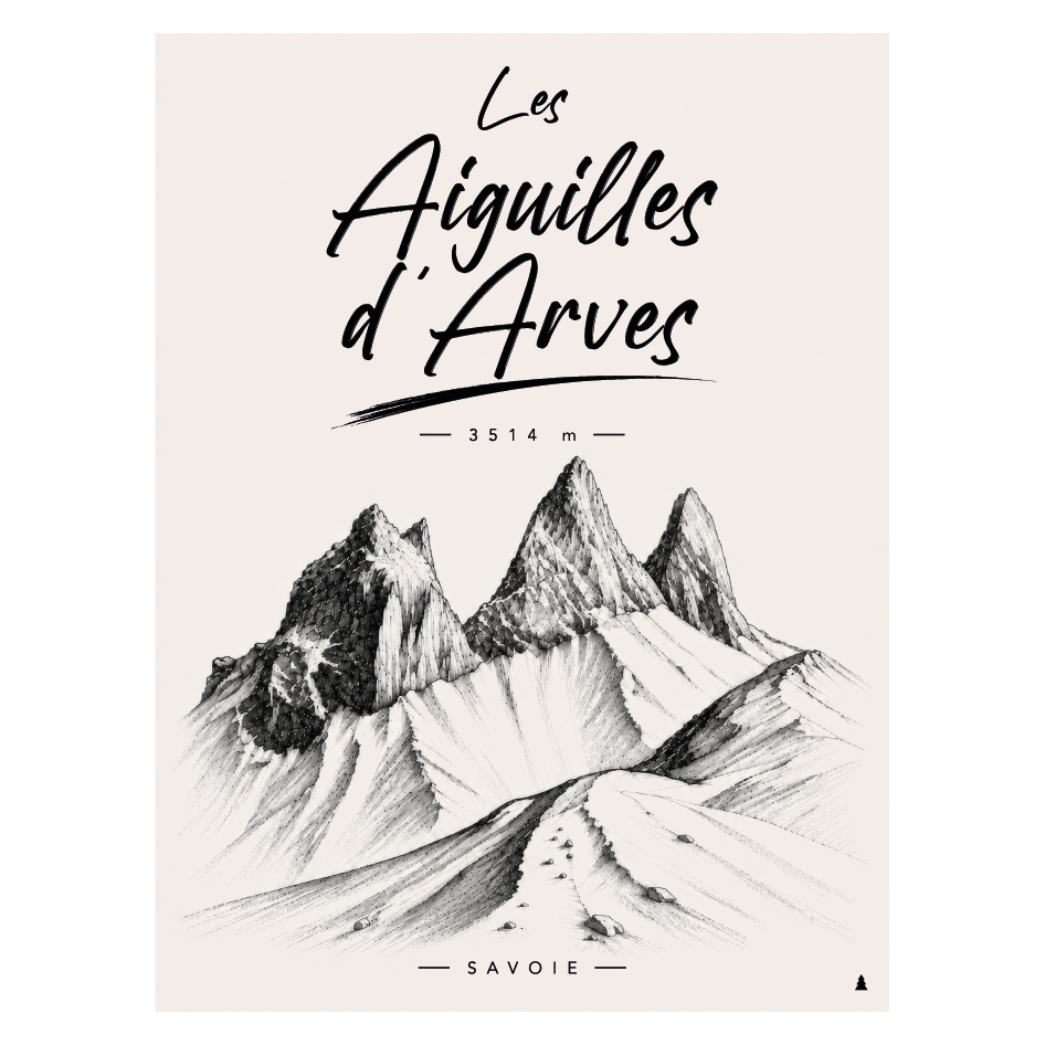 Les aiguilles d'arves maurienne savoie montagne tete de chat aiguilles décoration murale affiche poster sapin noir