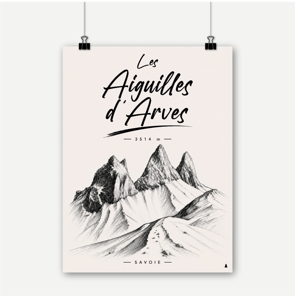 Les aiguilles d'arves maurienne savoie montagne tete de chat aiguilles décoration murale affiche poster sapin noir